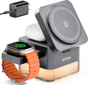 KPON for iPhone Nightstand Charging Station,15W 3 in 1 Wireless Phone Charger Stand with Night Lamp, Travel Foldable Magnetic Cube Magsafe Dock for iPhone 17 16 15 14 13 12 Series/Apple Watch/Airpods