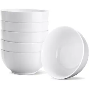 White Ceramic Cereal Bowls, 17 Ounce Porcelain Bowl for Kitchen Cereal Soup Rice Salad Pasta Dessert Snack Fruits Ice Cream, Set of 6, Microwave Dishwasher Freezer Oven Safe Easy Clean Stackable