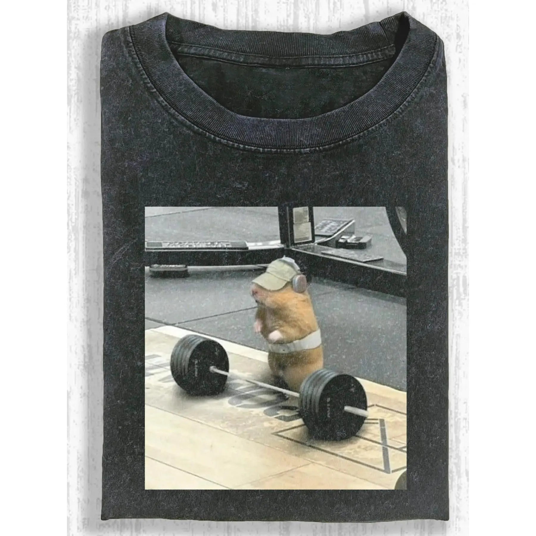 Women's Funny Gym Hamster Graphic Tee: Vintage Washed Wax Print T-Shirt, Cute Workout Design for Casual Daily Wear & Unique Gift Idea | #FunnyTshirt #VintageTee #GymHumor #WomensFashion