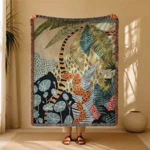 Tropical Jungle Bohemian Yarn Jacquard Woven Blanket with Tassel, Thick Soft Washable Blanket, Used for Home Decor Sofa Chair Bed Tapestry Tablecloth Floor Garden Picnic Outdoor Camping