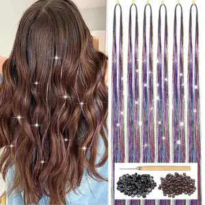 Colorful Hair Tinsel Kit with Tool 6pcs 1200 Strands Glitter Tinsel Hair Extensions Heat Resistant Sparkling Shiny Fairy Hair Accessories for Women Girls  47Inch