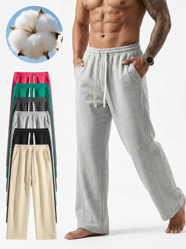 Men's Cotton Blend Loose-Fit Baggy Drawstring Gray Sweatpants - Straight-Leg, Moisture-Wick, Pockets Drawcord, Stretch Casual Sports Trousers for Fitness, Athletic Chic All-Season Menswear Bottoms (Multiple Colors Available)