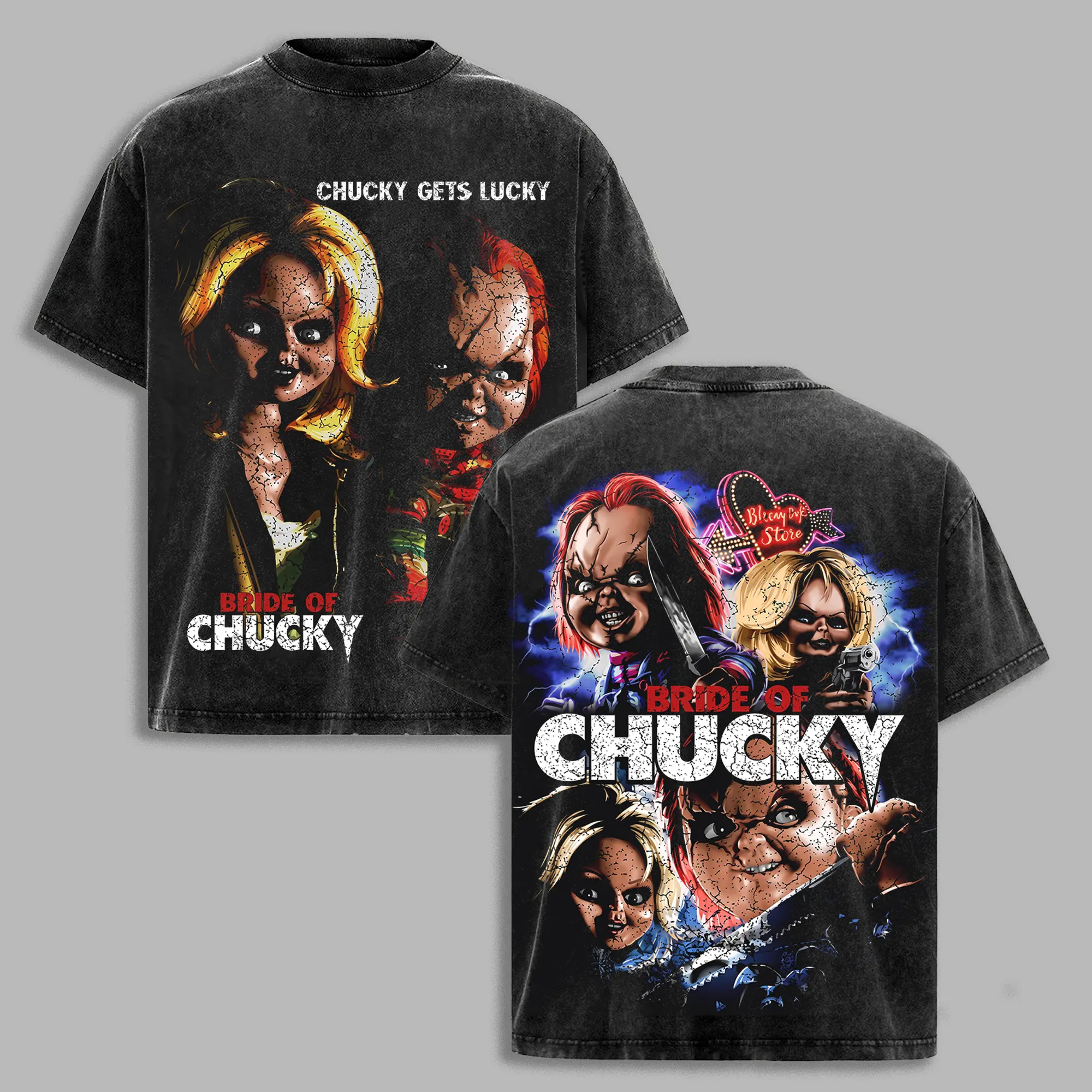 Bride of Chucky Shirt, Vintage Chucky and Tiff Graphic Tee, Classic Slasher Horror Movie T-Shirt, Chucky Gets Lucky Fan Gift, Retro Gothic Halloween Streetwear Clothing for Men Women