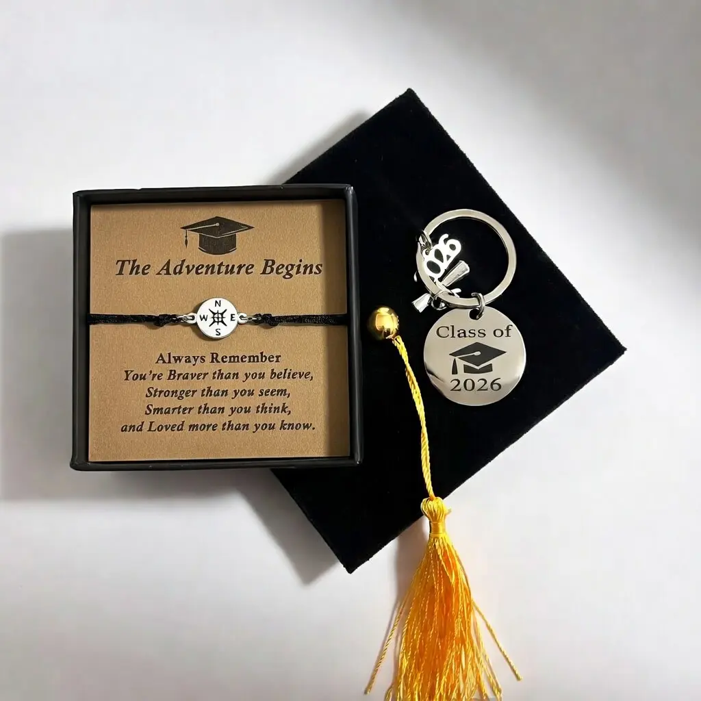 Class of 2026 Jewelry Gift Set with Compass Inspirational Bracelet & Keychain, Unisex Stainless Steel, Adjustable & Anti-Tarnish Graduation Gift