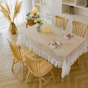 1pc Elegant Lace Hollow Out Tablecloth with Leaf Pattern, Frilly Ruffle Edges, Durable and Easy to Clean, Perfect for Kitchen & Dining Room, Picnic Table Cover