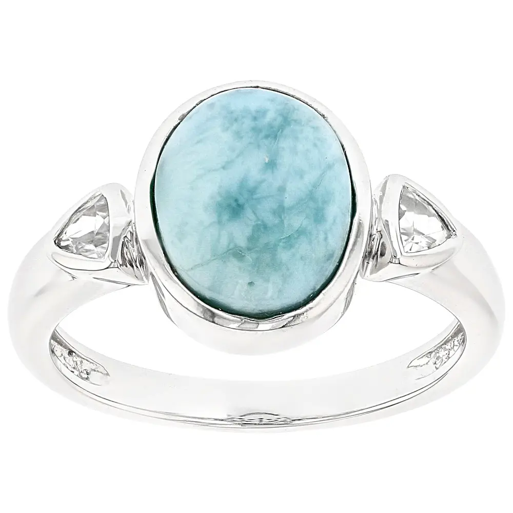 JTV Natural Crystal Ring, Blue Larimar Oval Stone, Rhodium-Plated Over Sterling Silver, 0.25ctw