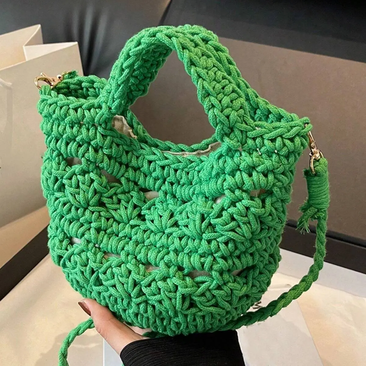 Women's Plain Cotton Thread Hand-Woven Crochet Crossbody Messenger Bag - Casual Party Hollow Out Mesh Weave Shoulder Purse with Top Handle, Magnetic Closure for Travel, Chic, Makeup Products, Whats In My Bag, Holiday, Cold Wash, Messenger Bags