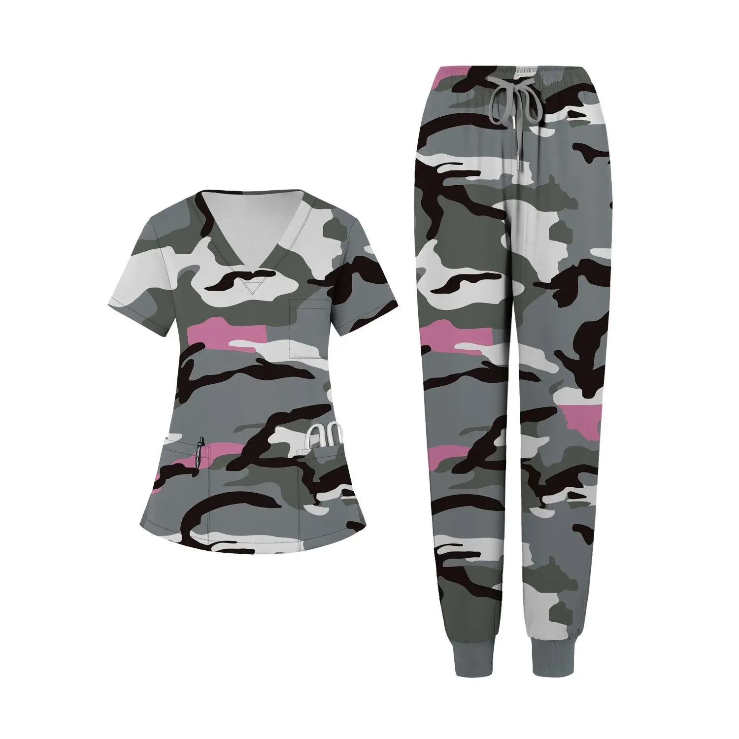 Camouflage Women's Breathable Print Uniform V-Neck Pocket Scrub Set
