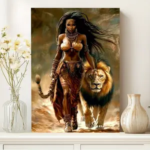 African Queen and Lion Wooden Frame Canvas Print, Vibrant colors, Traditional costumes and Lion details - Elegant home decor, unique gift for women, bedroom or living room, Lion wall decor, living room artwork, fine craftsmanship