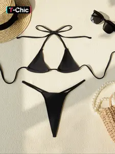 Women's Plain Halter Bikinis Set, Casual Tie Back Triangle Swim Bra & Ring Linked Swim Thong Swimwear Set, Fashion Chic Ladies Bathing Suit for Summer Beach Holiday Vacation, Triangle Bikini Sets, Bikini Swimsuit Set