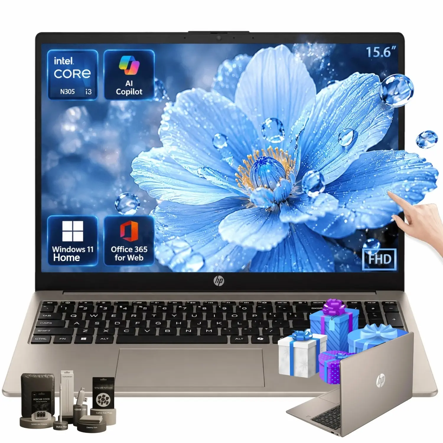 HP 15.6 Touchscreen Laptop, Core i3-N305,up to 32GB RAM, 512GB SSD | 15.6'' FHD Touch Display, Windows 11 Home, Intel UHD Graphics, Laptop for Student & Business, Wi-Fi 6, Bluetooth 5.3,Bundle Accessories