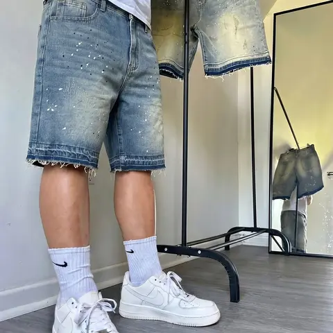Men's Loose Fit Denim Shorts, Wide-Leg Knee-Length Jean Shorts, Breathable Cotton Hip-Hop Streetwear for Summer Daily Wear, High Street Loose