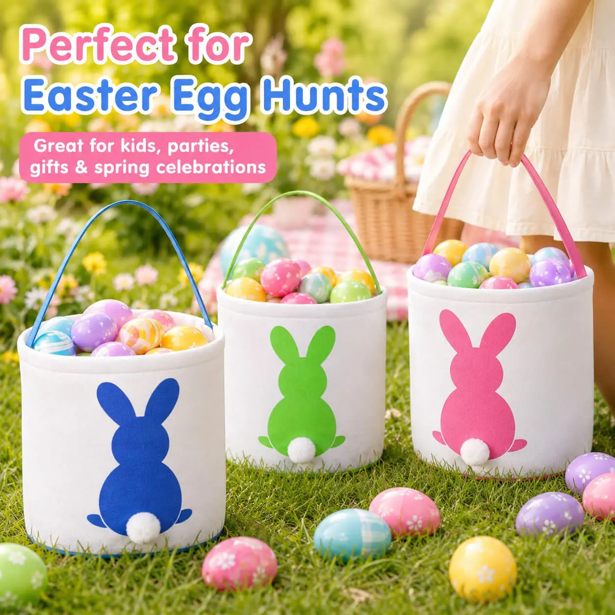 Unisex 3-Pack 10in Solid Reusable Fabric Easter Bunny Baskets for 3+ Years Child - Fluffy Tail Party Decor, Candy & Gift Holders for Holiday Egg Hunts