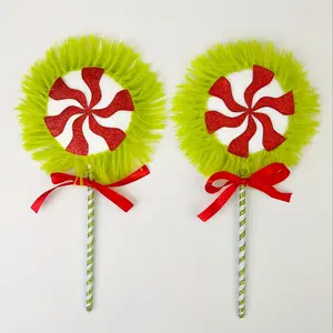 2 pieces of Christmas tree decorations, new design Christmas tree candy ornaments, plush green style candy crown decoration, red big lollipop candy decoration, Christmas green fluffy Christmas tree decoration, party gifts, Decorative Props