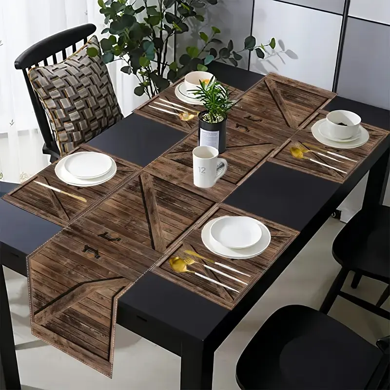 1 piece/5 piece set/7 piece set table flag Kitchen Decorative Placemat Coasters suitable for rectangular, rustic style, vintage wooden Italian countryside cabin door tablecloth, suitable for kitchen dining table, coffee table, dining table decoration