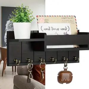 Rustic Wooden Wall-Mounted Storage Shelf Vintage Farmhouse Floating Shelves with Key Holder Mail Organizer Multiple Compartments No Assembly Required Space-Saving Organizer for Entryway Bedroom Bathroom Living Room Natural Wood Grain