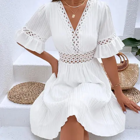 Women's Plain V Neck Lace Woven Dress, Casual Bohemian Fitted Dress for Summer, Ladies Clothes for Daily Wear, Casual Dresses, Womenswear