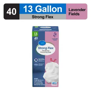 Strong Flex 13-Gallon Drawstring Tall Kitchen Trash Bags, Lavender Fields, 40 Bags Household Pack