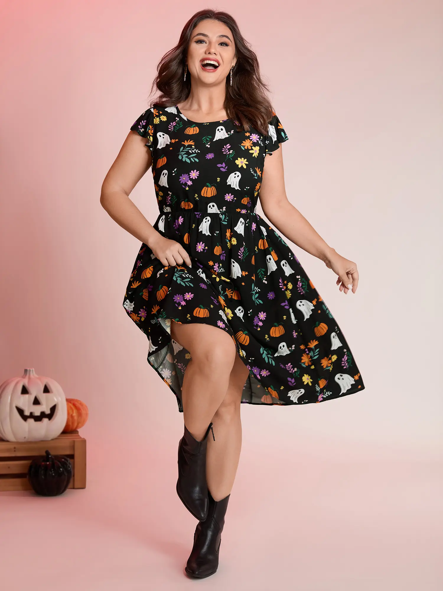 Women's Ghost Party Rayon Pocket Midi Dress - Black Figurative Print, Cap Sleeves, Round Neck, Summer Casual, Low Iron, Women's Clothing, Accessible to All, Cold Wash, Do Not Tumble Dry, Empowering Design, Knee-Length, 10/M, 100% Rayon, 14-16/1X