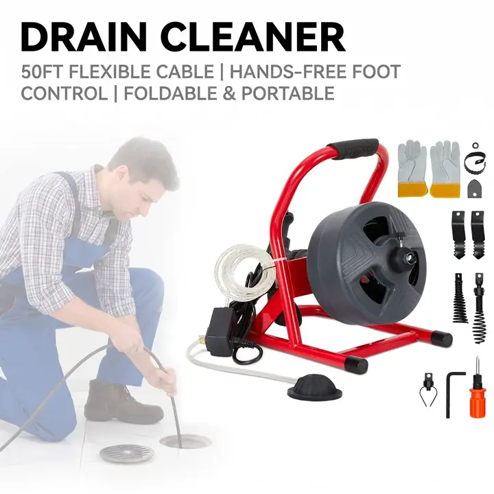 GARVEE 50 ft x 5/16 inch Electric Drain Cleaner Machine - Powerful Pipe Dredging Motor (120v-60hz 2.1A), 0-380/min Sewer Auger, Ergo Handle, 6 Cutters, Gloves, Built-in GFCI, Comfortable Operation, Heavy Duty for 3/4 to 3 inch Pipes, Outdoor Use,toolupgra
