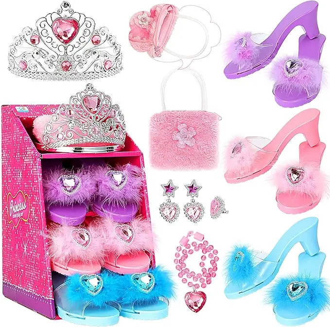 Princess Theme Role-Play Toys Dress-Up Set for Girls Ages 3-6, Kids' Costume Accessories with 3 Pairs of Shoes, Crown, Necklace, Earrings & Ring, Imaginative Play Birthday Christmas Gift