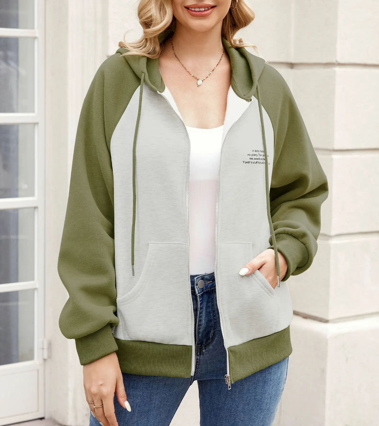 Color Block Raglan Sleeve Zip Up Hoodie with Pockets