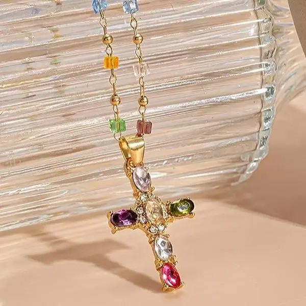 Rainbow Cross Pendant Necklace Colorful Shiny Rhinestones Charm Necklace Dainty Faith Cross Pendant Necklace Faith Christian Costume Accessories Jewelry for Women