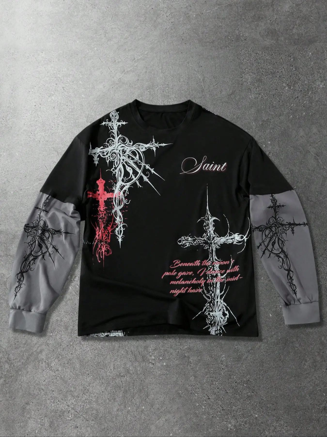 Men's long-sleeved Fitted T-shirt with graphic, letter and cross print, casual Streetwear street style, Casual Fashion Fitted, suitable for all seasons, Menswear