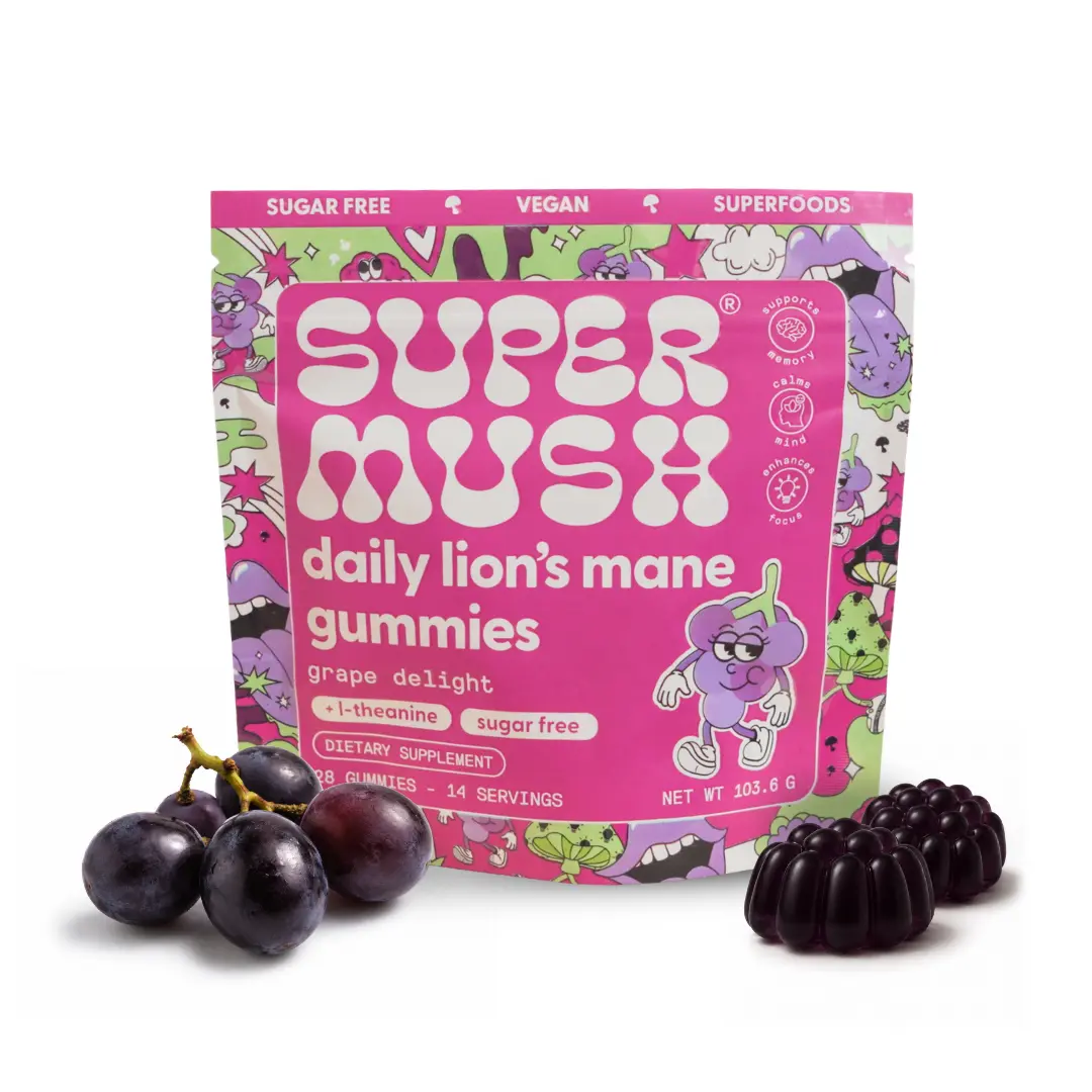 SuperMush Lion’s Mane Gummies (28 Gummies Pack) - Certified Natural Organic Supplement with Lion's Mane + L-Theanine for Calm Energy & Sharp Focus, Sugar-Free - Daily Brain Support, Chewable, Brain Health