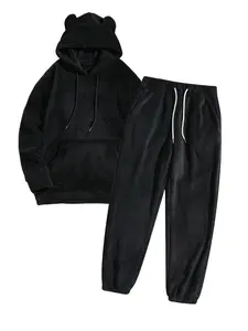 New Fashion Fall Bear Ear Hoodie & Sweatpants Set, Plush Warm Two-Piece, Large Pocket Design, Casual Comfortable Unisex Home Wear