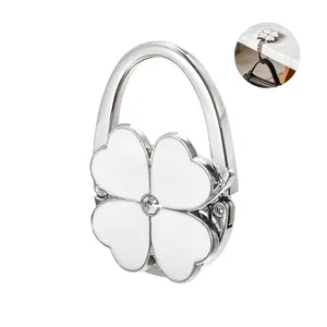 Clover Design Foldable Handbag Hanger – Portable Purse Table Hook Holder for Restaurants & Offices – Magnetic Closure, Velvet Pouch Included – White, Max 12 lbs, 4" Unfolded