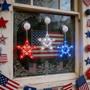 3 Star Suction Cup Lights, Red White Blue Pentagram LED Lights, Battery Operated Decorative Lights (Batteries Not Included), Hangable, Perfect for July 4th Independence Day Decorations