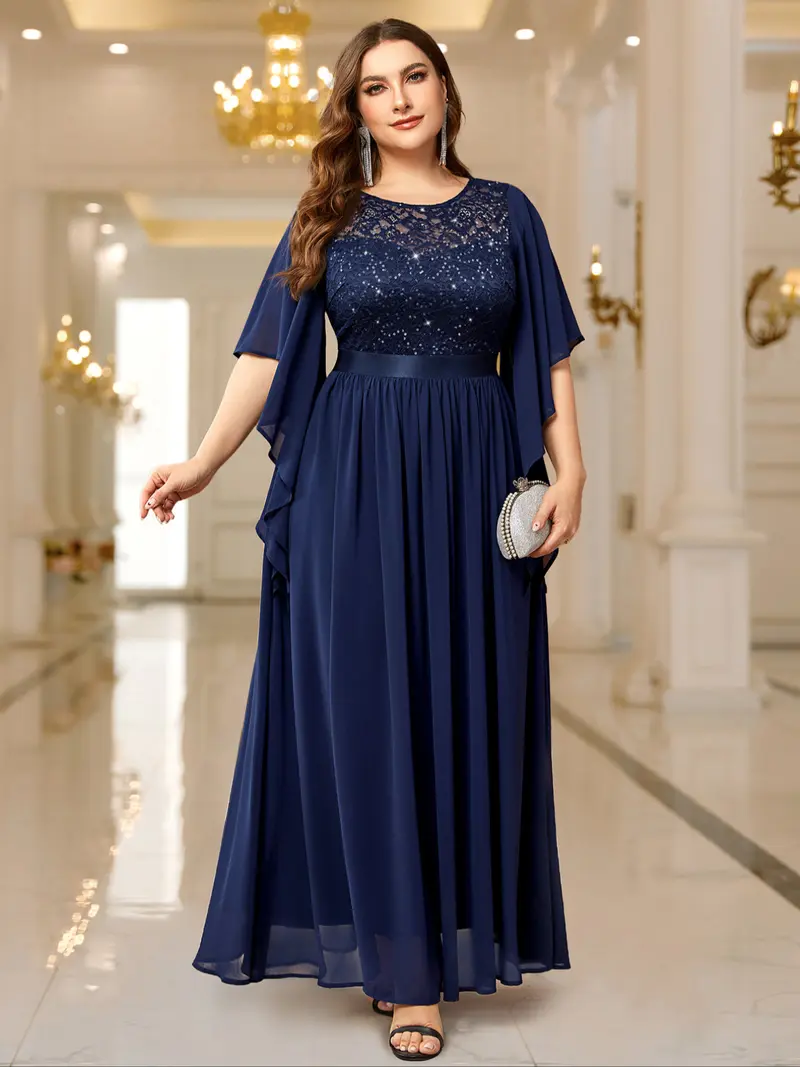 green emerald velvet dress Elegant Plus Size Pleated Short Sleeves Chiffon Wedding Guest Dress