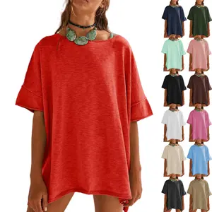 【US Shipping】Women’s Oversized T-Shirt – Casual Summer Crew Neck Tunic Top with Side Slit Hem, Loose Fit Dropped Sleeve Blouse