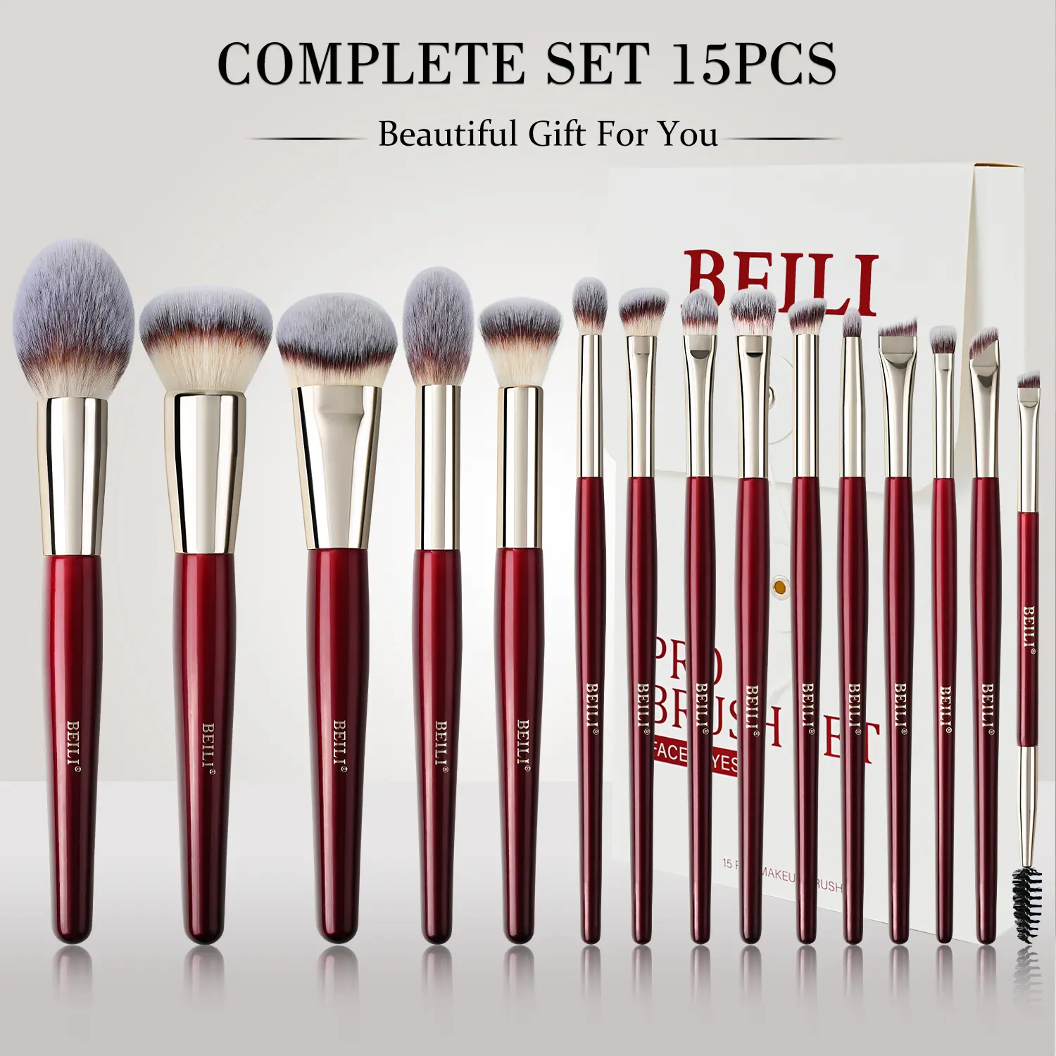 BEILI 15-Piece Vegan Makeup Brush Set for Face & Eye – Professional Kit with Foundation, Blush, Eyeshadow, Powder Brushes – Cruelty-Free, Soft Synthetic Fibres, Ergonomic Handles – Perfect Gift for Her Value Pack Multi-Function