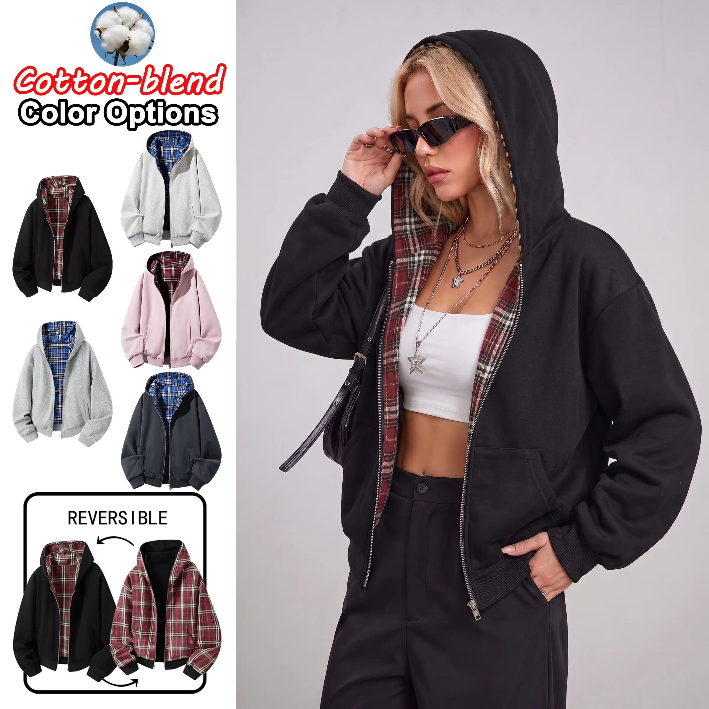 Unisex cotton-blend plaid zip-up hoodie, couples’ style double-sided loose athletic sweatshirt, casual versatile street-style top suitable for everyday wear