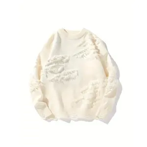 Casual Solid Color Distressed Knit Sweater - Men's Crew Neck Pullover for Fall/Winter Long Sleeve Knitwear Menswear Polyester