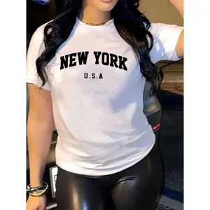 Women's New York Print T-Shirt Polyester Blend Casual Crew Neck Alphabet Pattern Short Sleeve Regular Length Knit Top for All Seasons, Tshirt, Round Neck