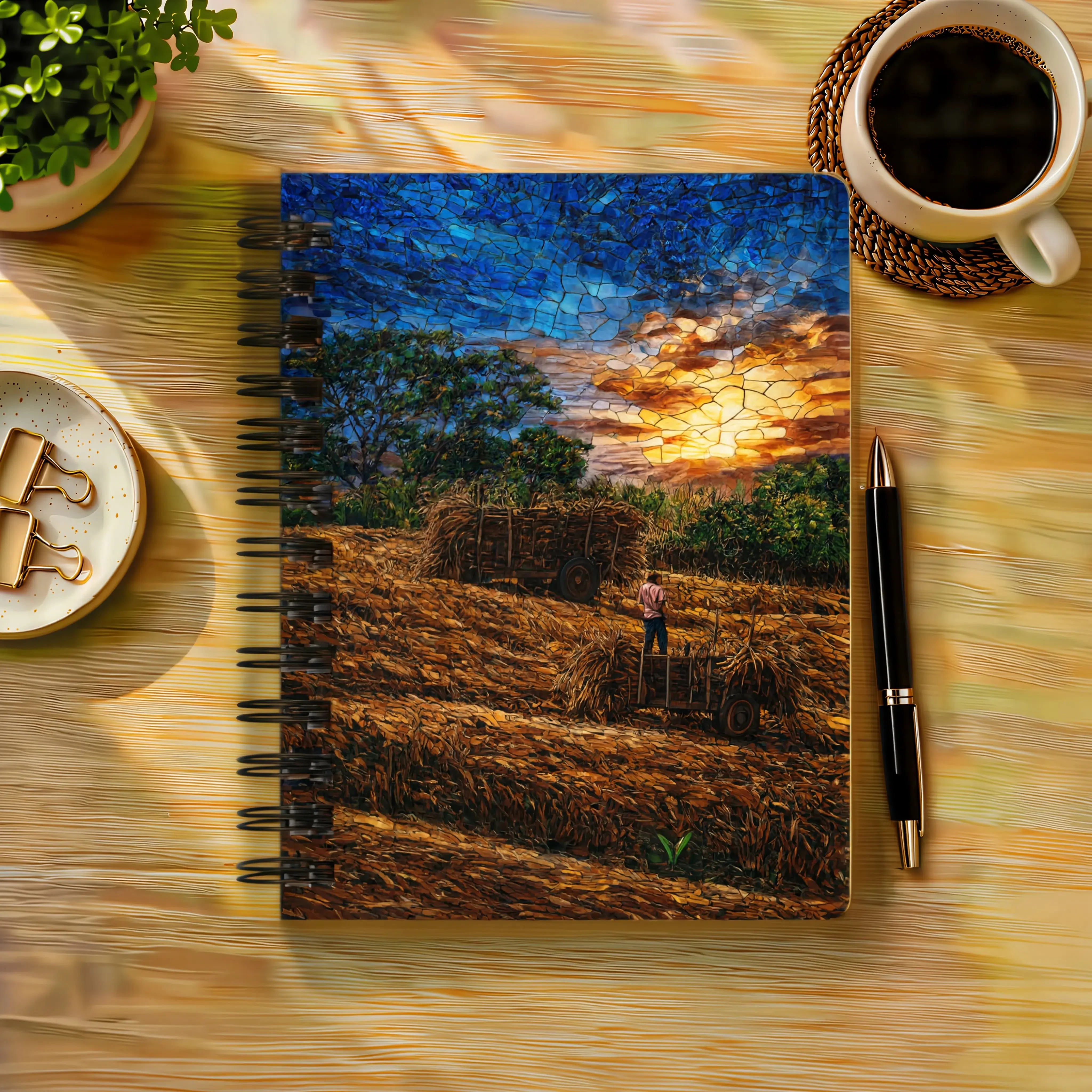 Costa Rica Rainforest Sugarcane Harvest Sunset Mosaic Spiral Journal - 5.12" x 6.97" x 0.39" Lay Flat Sketchbook, Stained Glass Cover, Rustic Rural Art Nature-Themed Notebook, Birthday Travel Gift Diary