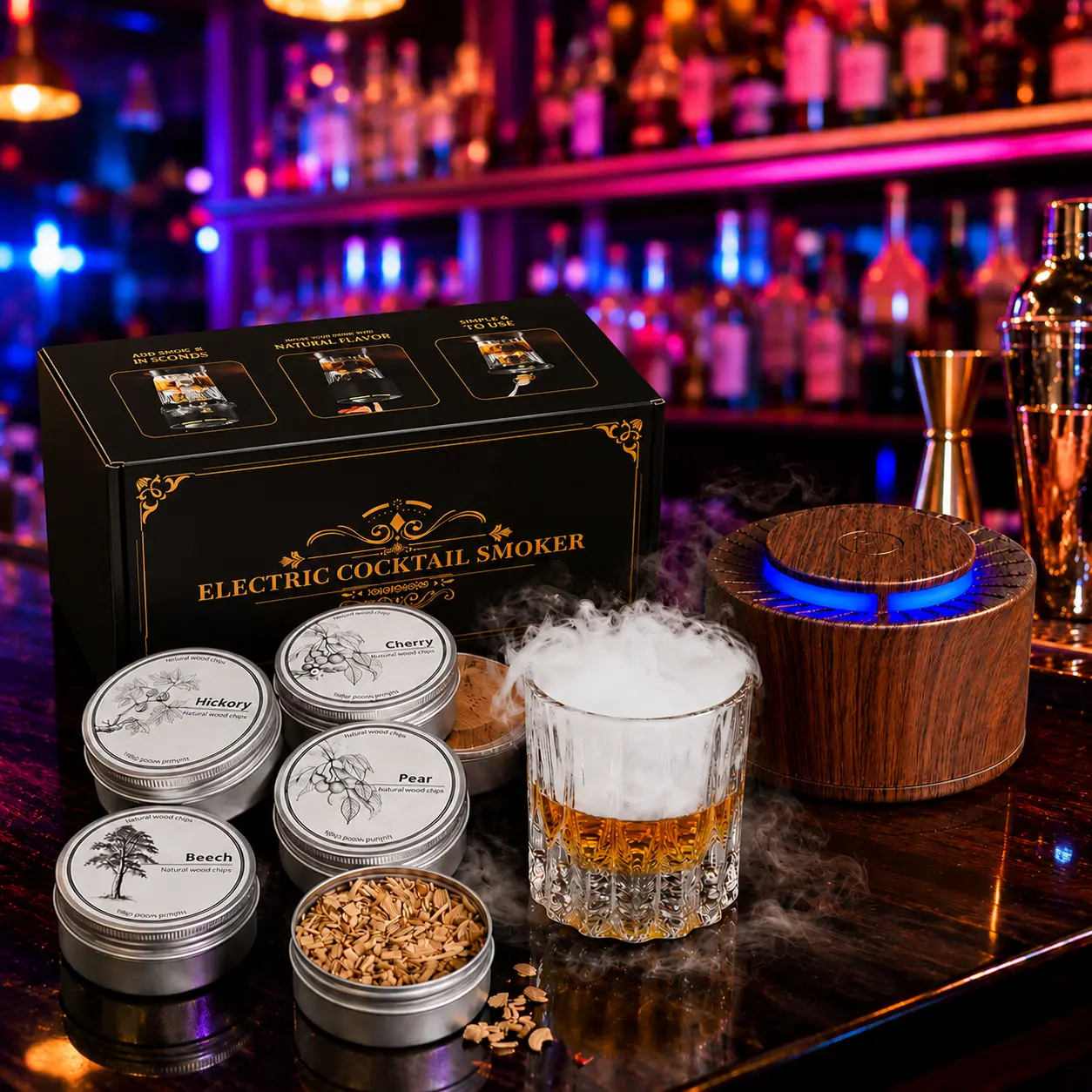 Electric Whiskey Smoker Kit - Rechargeable Cocktail Smoker with 6 Wood Chips, Flameless Heating System, LED Lights, Ideal for Father's Day, Valentine’s Day, Holidays, Housewarming Gifts for Men