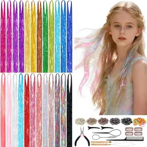8400 Strands Hair Tinsel Kit for Girls, 24-Color 48 Inches Fairy Hair Tinsel Kit Colorful Glitter Hair Extensions with Tools for Party Concert