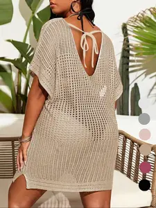 【Plus Size】 Plain Knit Dress, Plus Size Women's Crochet Swimwear Cover Up Dress, Women's Plus Clothing for Beach Holiday Vacation