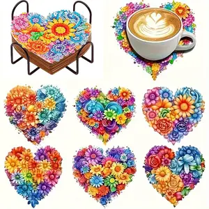 6-Piece Heart Pattern Diamond Painting Wooden Coasters, DIY Creative Diamond Art Coasters, Perfect for Home Decor and Holiday Gifts, Coasters for Drinks