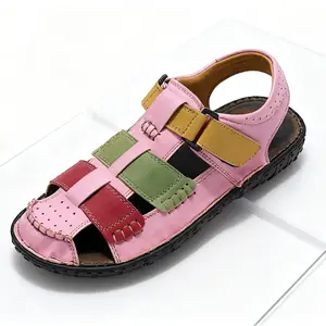 Women's Orthopedic Closed-Toe Lace-Up Footwear - Soft Leather, Chunky Heel, Open-Back, Colorful Striped, Soft Rubber Breathable Sole, Casual Walking Shoes for Daily Summer Use