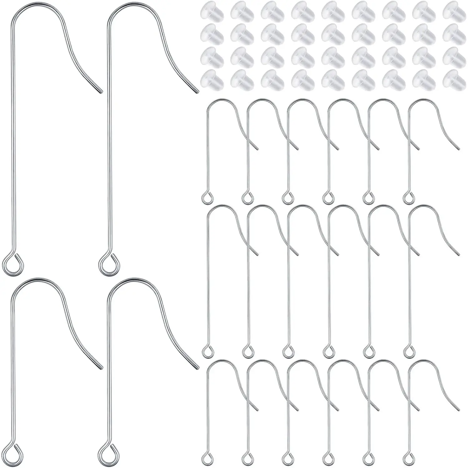 50pcs Stainless Steel Earring Hooks Hypoallergenic Ear Wire Hooks with Hanging Loop Earring Parts and 50pcs Clear Earring Backs for DIY Jewelry Making Supplies, 2 Sizes