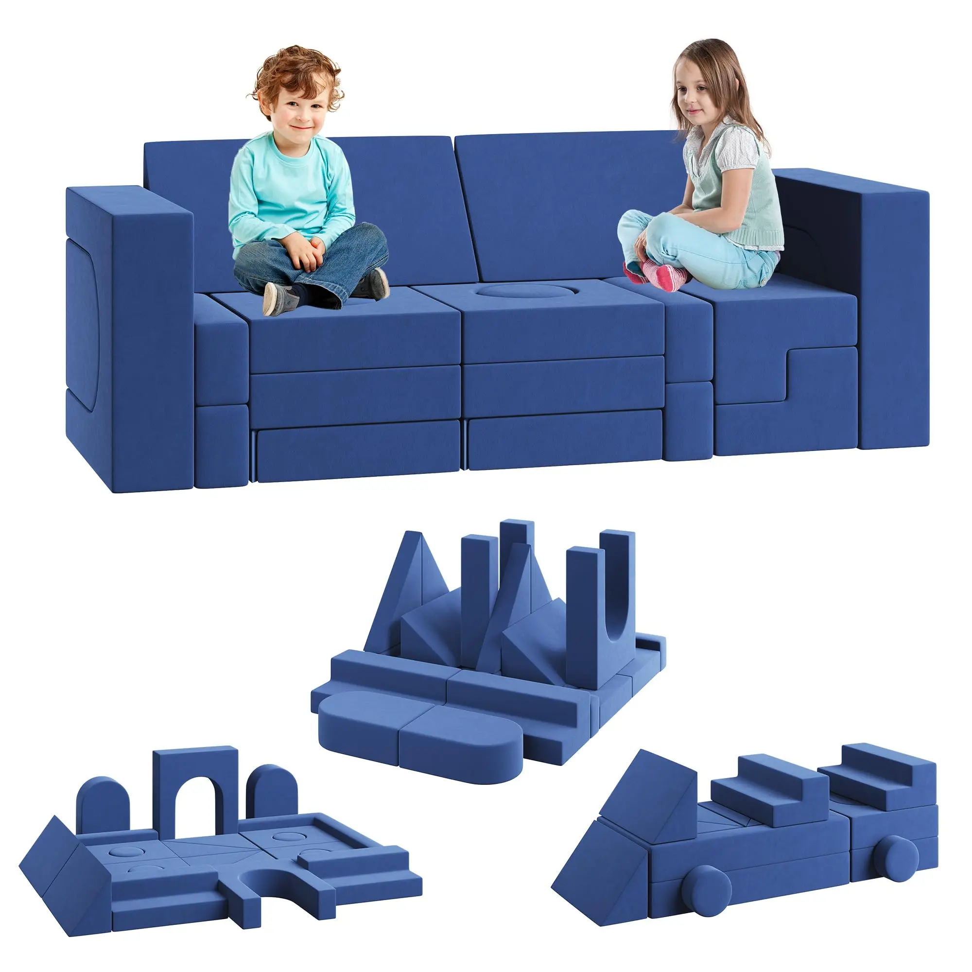 Garvee Modular Play Couch for Kids - 22-Piece Convertible Foam Sofa Set in Blue, Perfect for Bedroom and Playroom, Features 2-Seat Explorer Couch Design for Comfortable and Creative Play