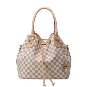 Women's Checkered Bucket Tote Bag, PU Vegan Leather Luxury Handbag with Inner Pouch, Fashion Shoulder Bag
