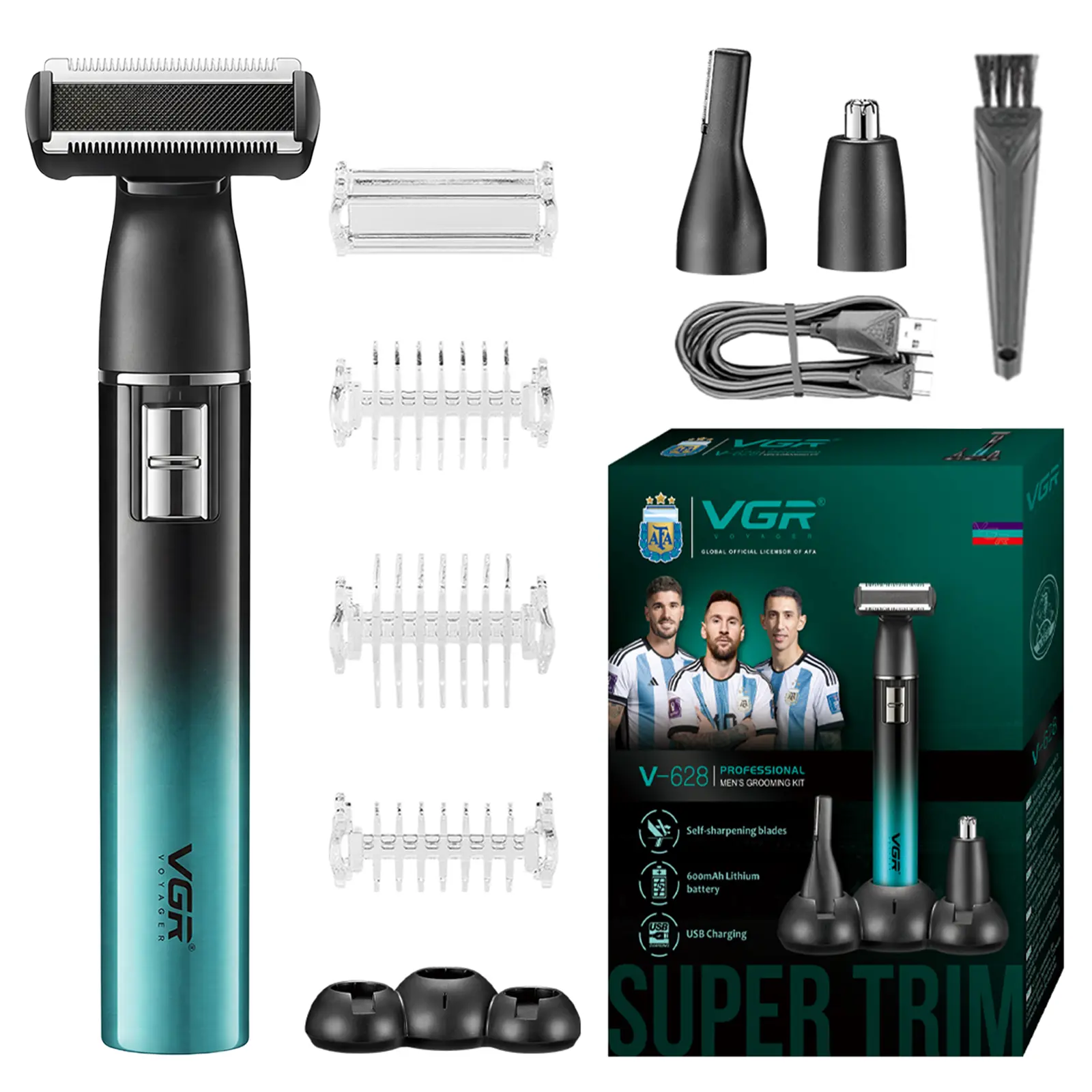 VGR 628 Cordless Men's Beard Trimmer with 0-Gap T-Blade, 600mAh Battery, 60min Runtime, USB Rechargeable, 3 Guide Combs, Cleaning Brush, Charging Cable