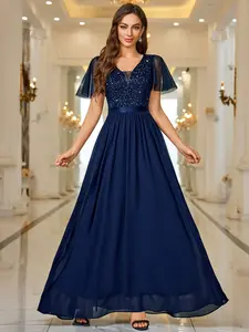Miusol Women's Elegant Sexy Short-Sleeve Formal Maxi Dress - Deep-V Neck, Ruffle Tulle, Sparkly Sequin Lace Contrast Chiffon, Ruched Hem, Zipper Closure - for Cocktail, Evening Parties
