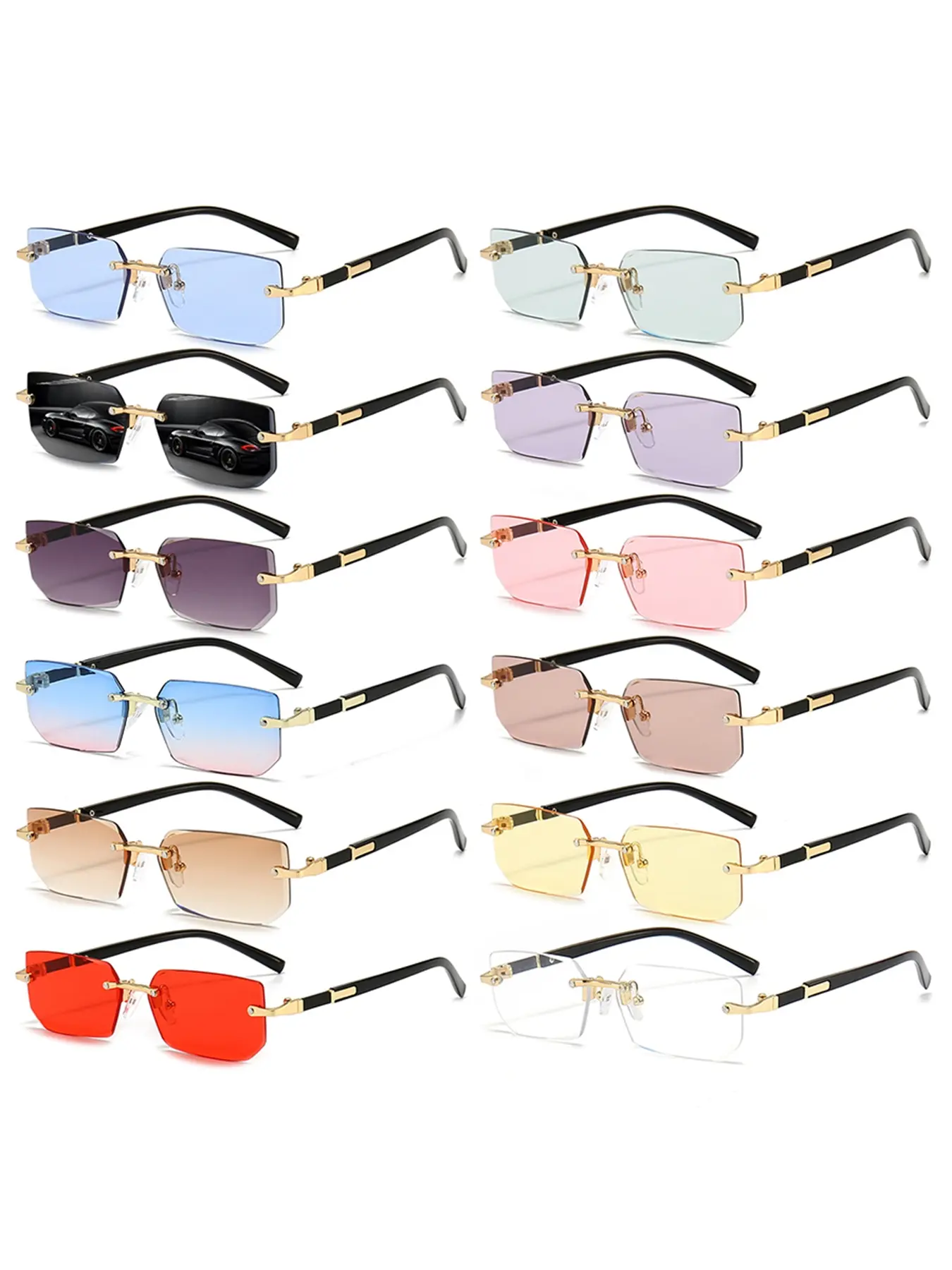 12 Pairs Frameless Design Modern Sunglasses Set, Rectangular Gradient Lenses, Lightweight Polycarbonate Frame, Metal Legs for Durability, Suitable for Various Occasions, Stylish Sunglasses, Trendy Sunglasses, Available In Multiple Colors